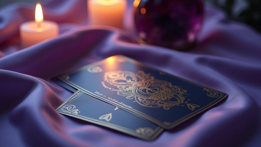 Tarot cards on purple fabric with lit candles